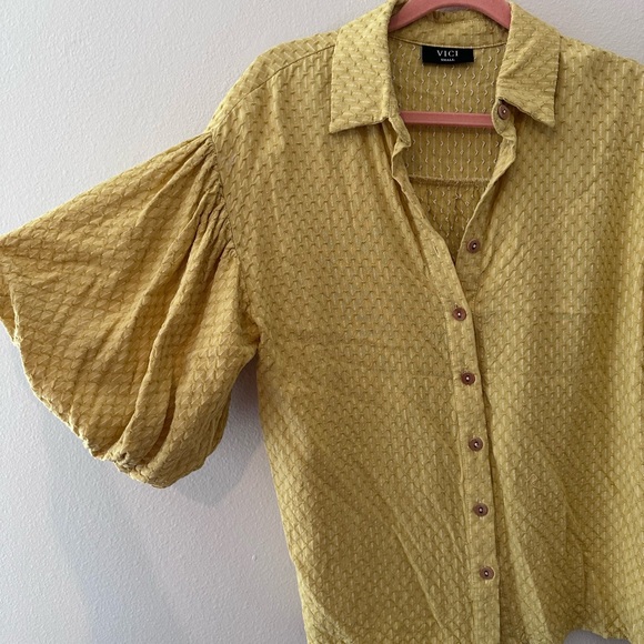 VICI Puff Sleeve, Button Up Blouse in Mustard Yellow - Picture 3 of 3
